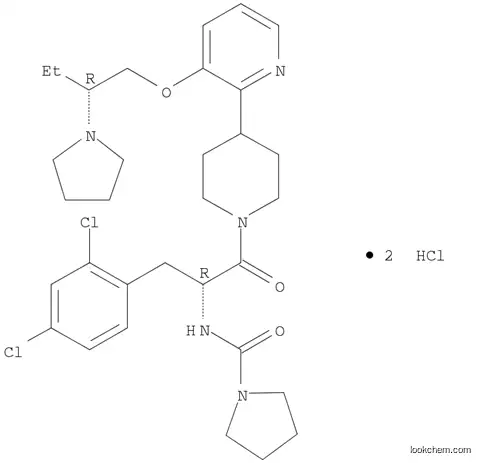 Molecular Structure of 1104080-42-3 (1-Pyrrolidinecarboxamide, N-[(1R)-1-[(2,4-dichlorophenyl)methyl]-2-oxo-2-[4-[3-[(2R)-2-(1-pyrrolidinyl)butoxy]-2-pyridinyl]-1-piperidinyl]ethyl]-, hydrochloride (1:2))